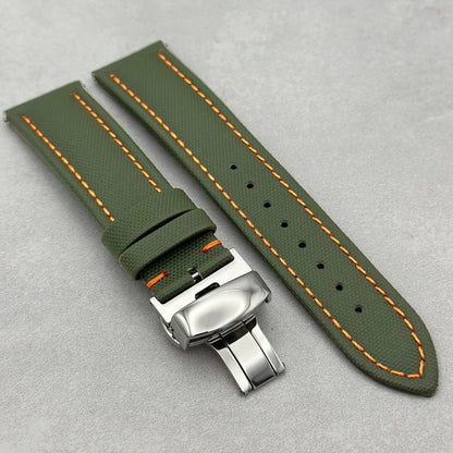 The Bermuda: Khaki Green Sail Cloth Watch Strap With Contrast Orange Stitching