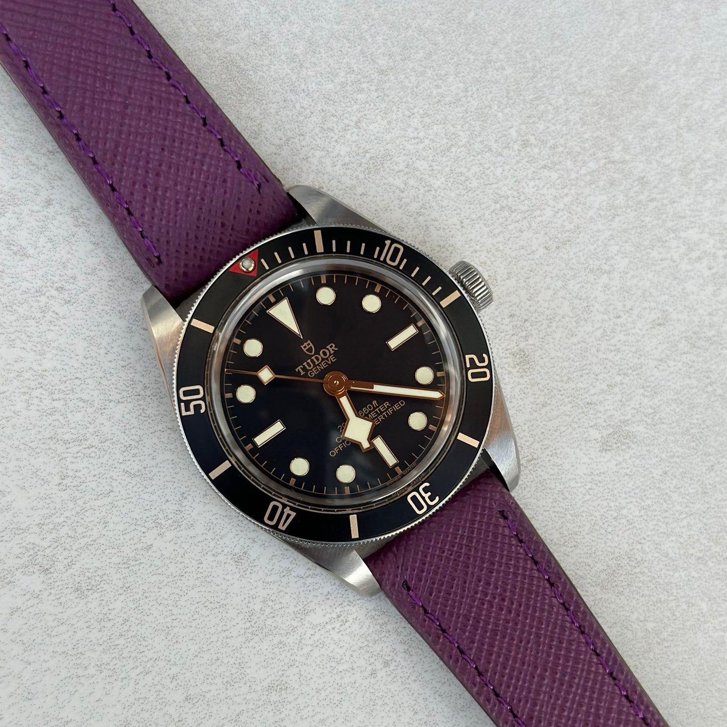 Florence purple saffiano leather watch strap on the Tudor Blackbay 58. Watch And Strap