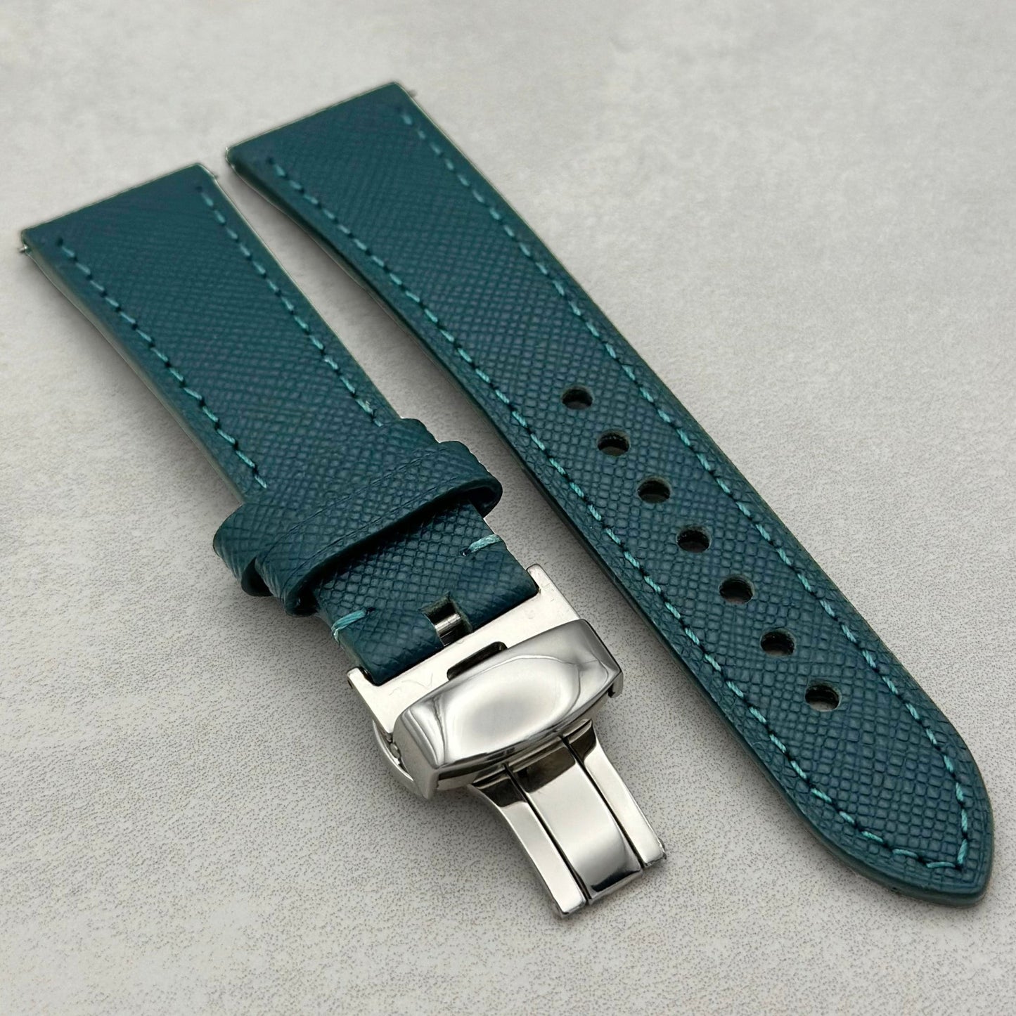 Florence teal leather Watch Strap. Polished Butterfly Clasp. Quick Release Pins. 18mm, 20mm, 22mm, 24mm. Watch And Strap