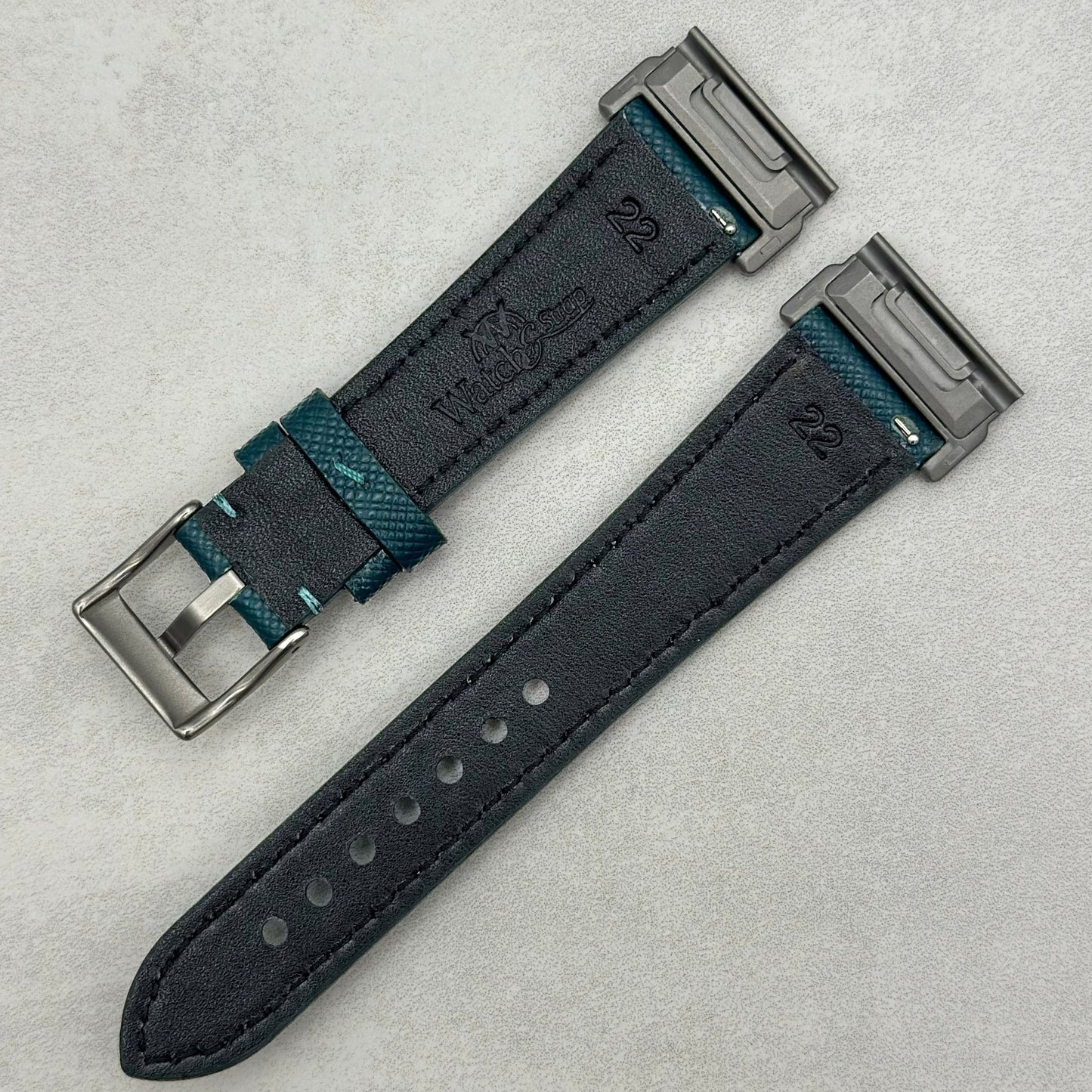 The Florence: Dark Teal Blue Saffiano Leather Garmin QuickFit Watch Strap