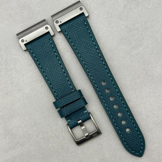 The Florence: Dark Teal Blue Saffiano Leather Garmin QuickFit Watch Strap