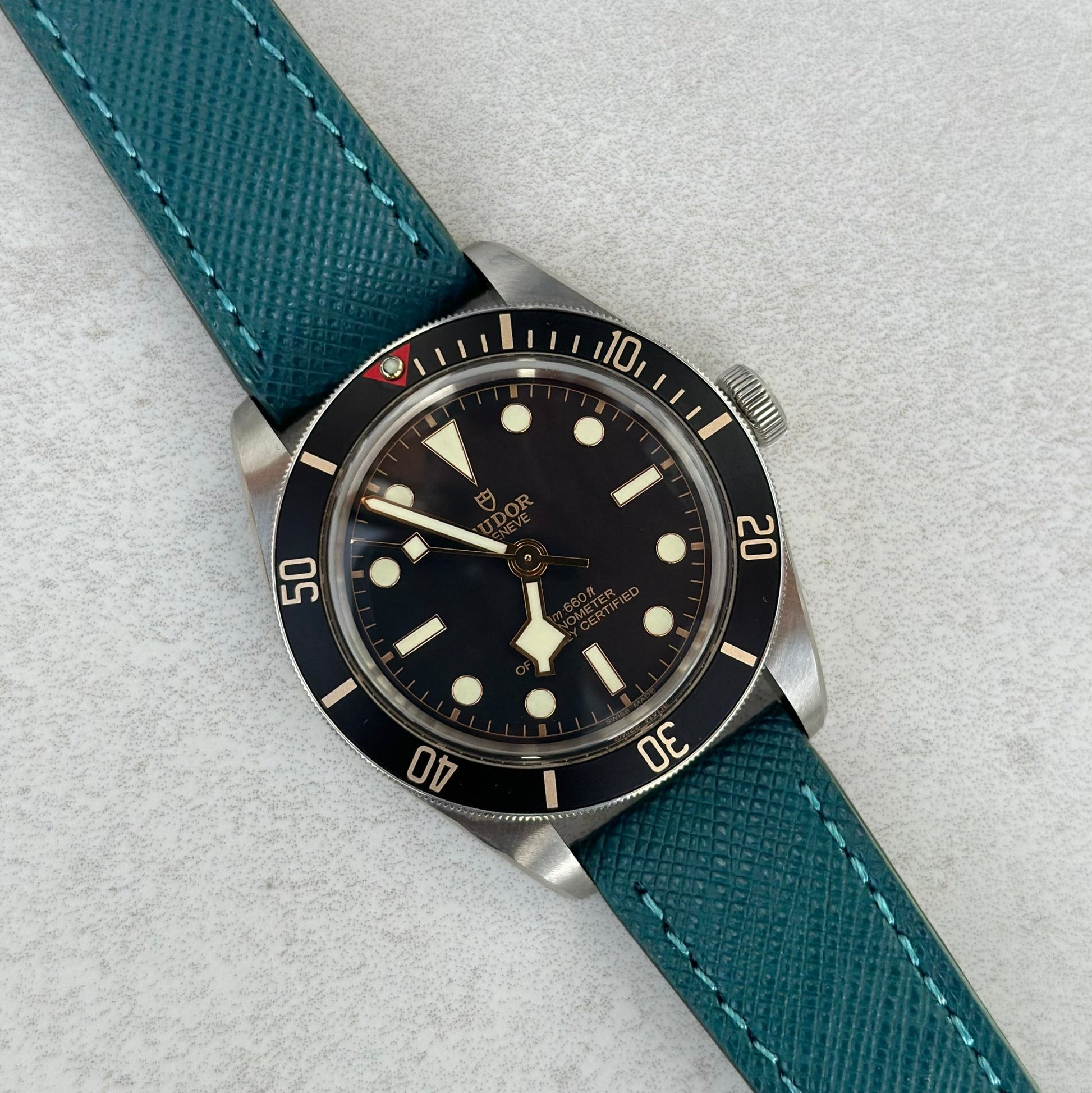 Florence teal Saffiano leather watch strap on the Tudor Blackbay 58. Watch And Strap
