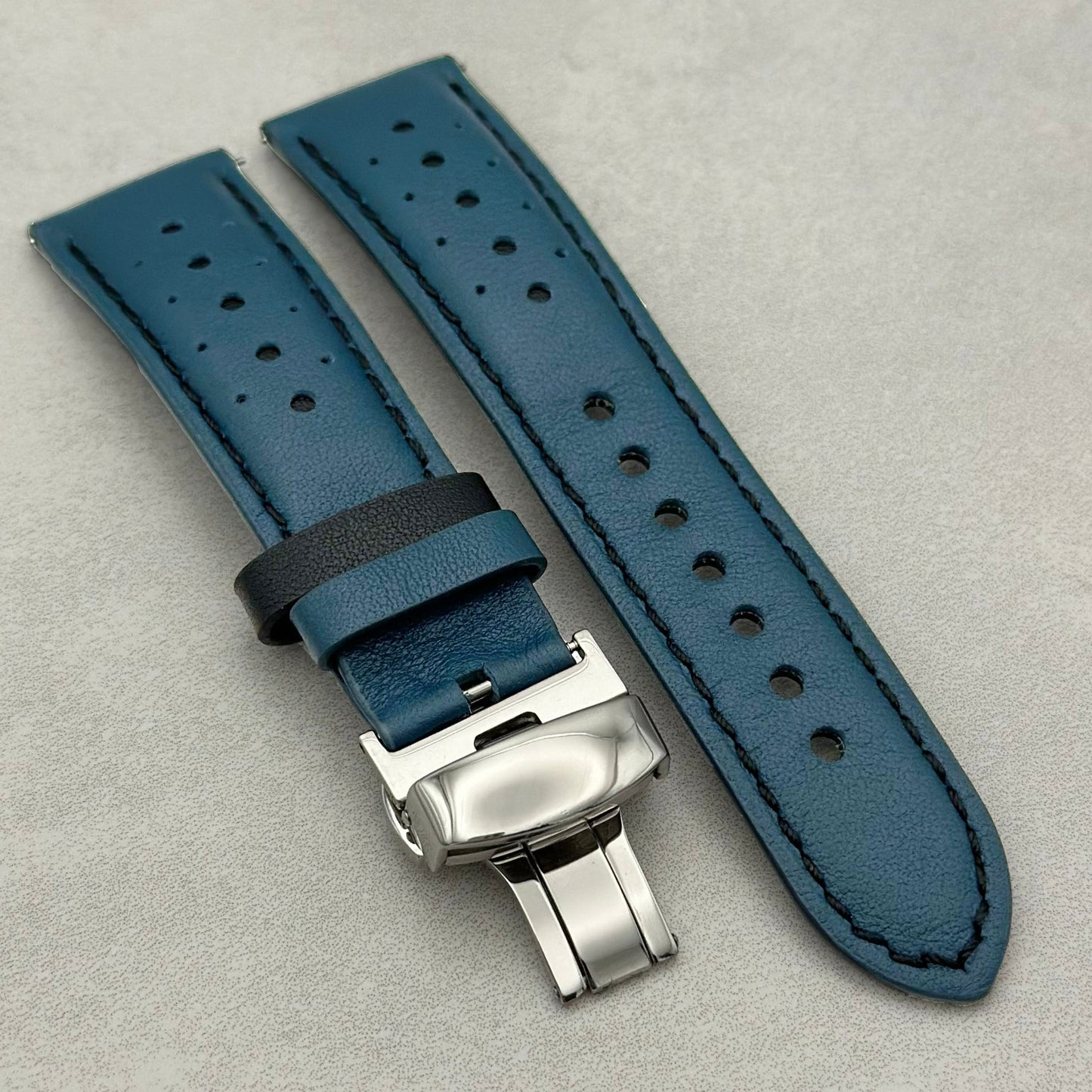 Le Mans Blue and Black leather Apple Watch strap with polished butterfly clasp. Apple Watch Series 3 4 5 6 7 8 9 10, SE Ultra