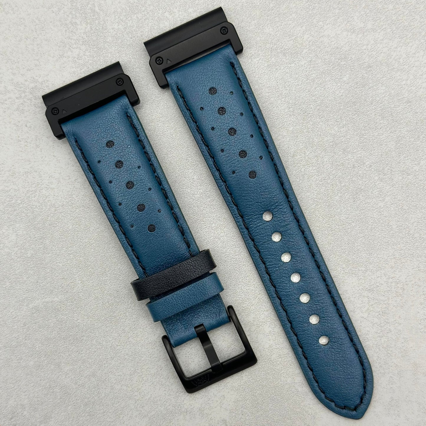 Le Mans: Dark Petrol Blue and Black Leather Padded Racing Garmin QuickFit Watch Strap