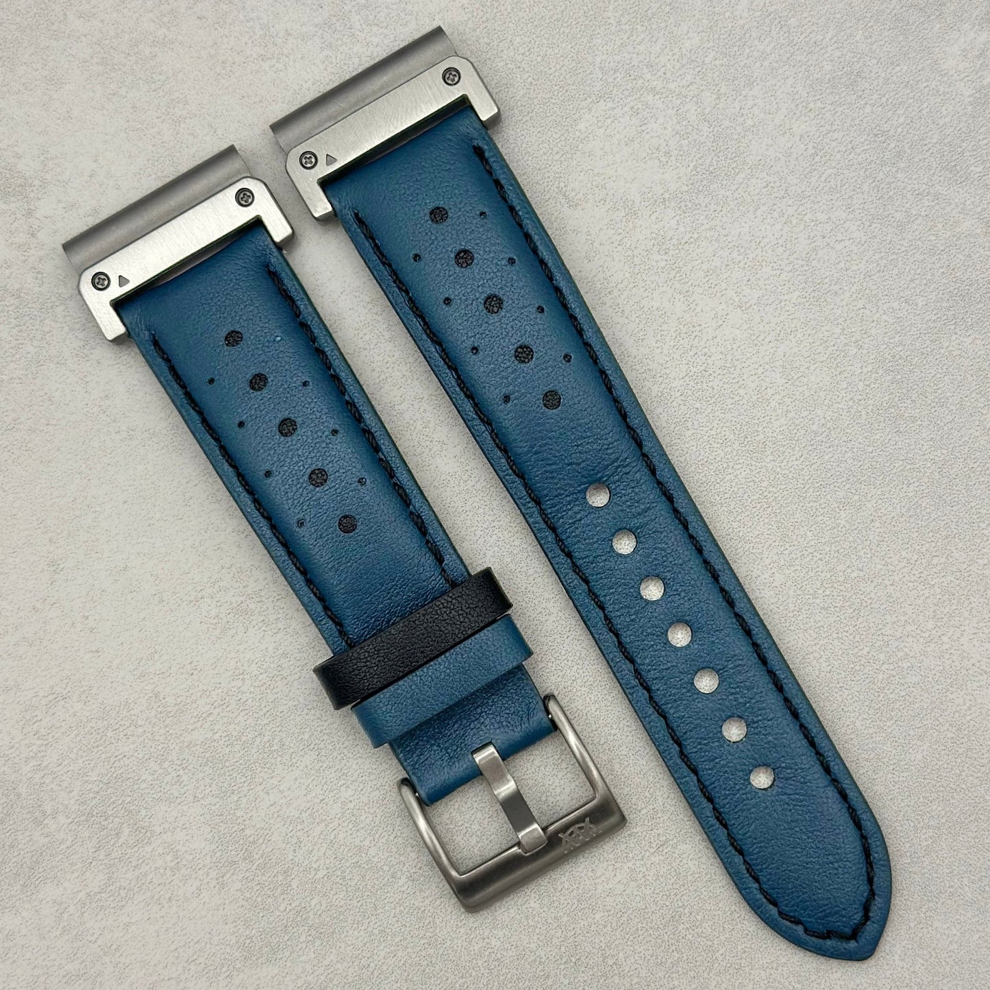 Le Mans: Dark Petrol Blue and Black Leather Padded Racing Garmin QuickFit Watch Strap