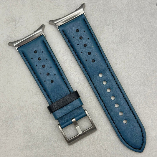 Le Mans: Dark Petrol Blue And Black Leather Padded Racing Samsung Galaxy Watch Ultra Strap