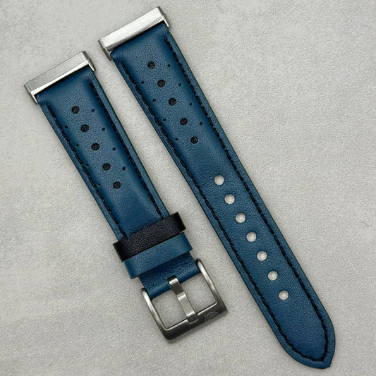 Le Mans: Dark Petrol Blue And Black Leather Racing Fitbit Versa/Sense Strap