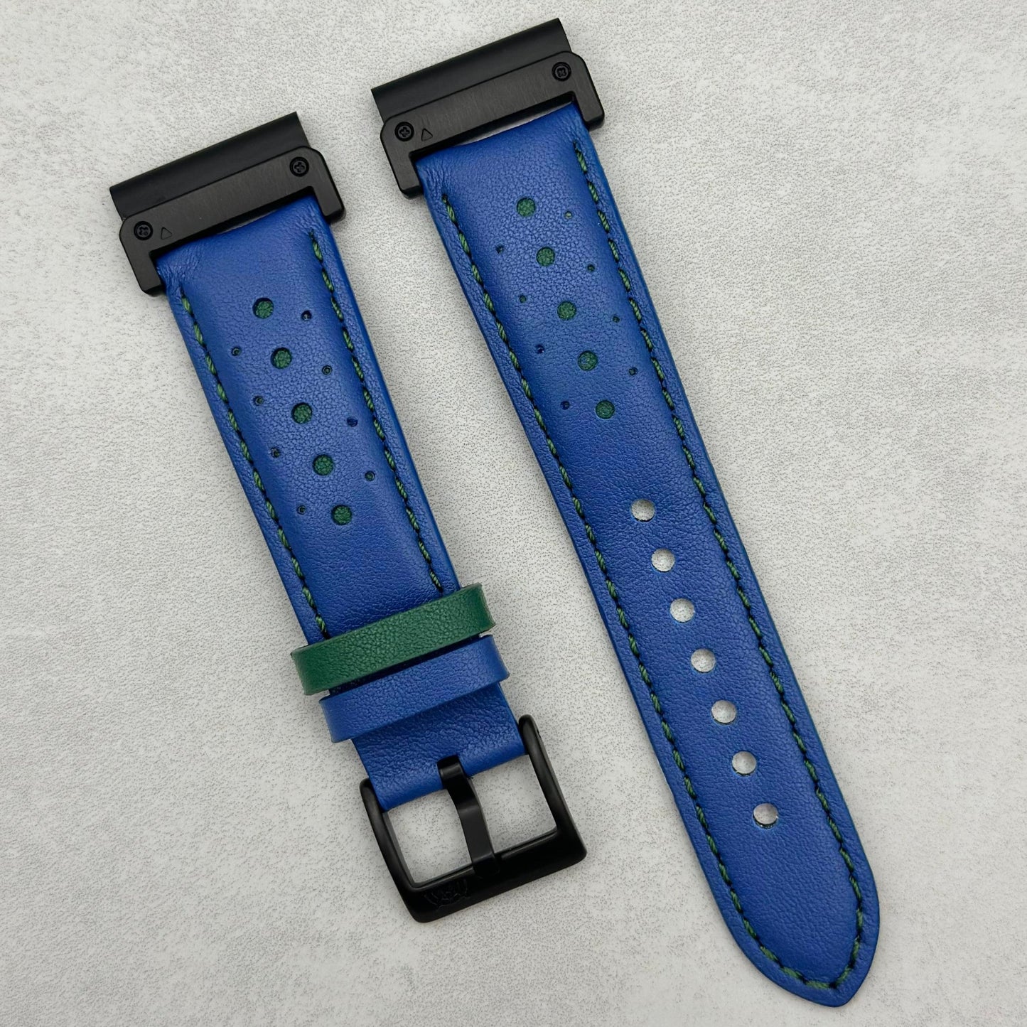 Le Mans: Cobalt Blue and Green Leather Padded Racing Garmin QuickFit Watch Strap