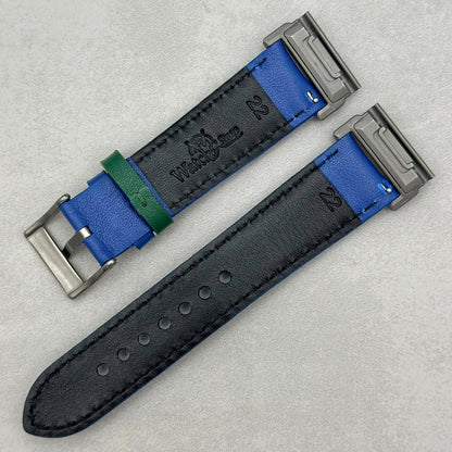 Le Mans: Cobalt Blue and Green Leather Padded Racing Garmin QuickFit Watch Strap