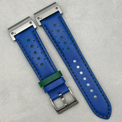 Le Mans: Cobalt Blue and Green Leather Padded Racing Garmin QuickFit Watch Strap