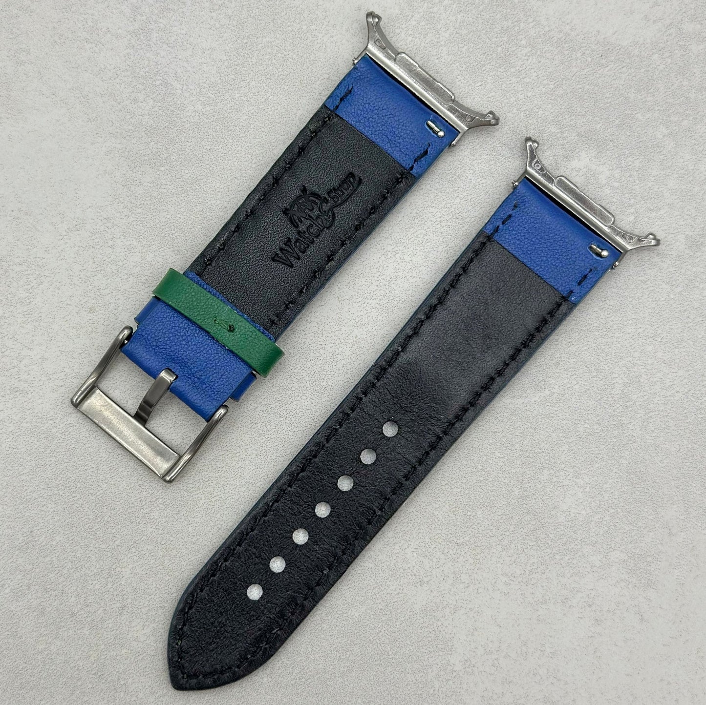 Le Mans: Cobalt Blue and Green Leather Padded Racing Samsung Galaxy Watch Ultra Strap