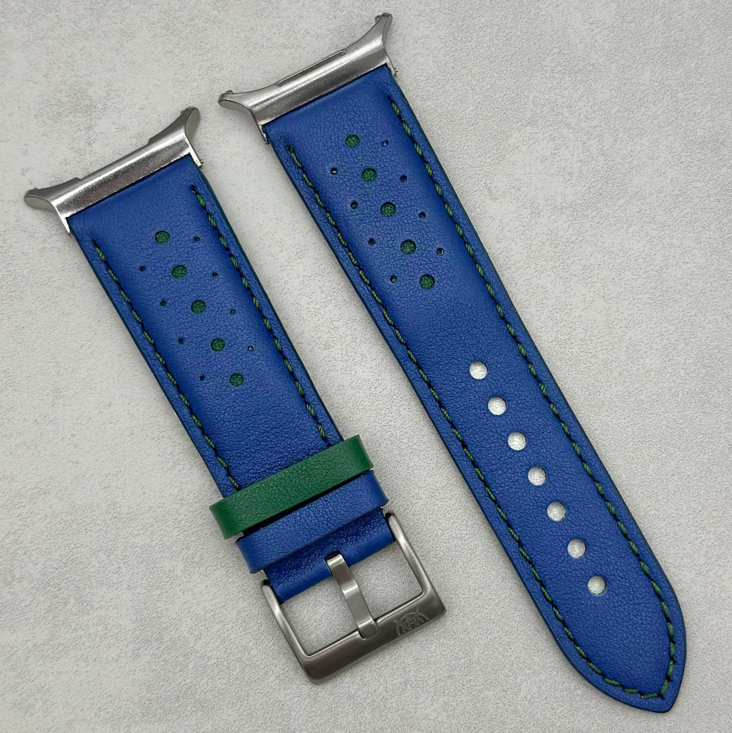 Le Mans: Cobalt Blue and Green Leather Padded Racing Samsung Galaxy Watch Ultra Strap