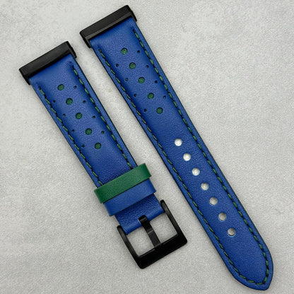 Le Mans: Cobalt Blue And Green Leather Racing Fitbit Versa/Sense Strap