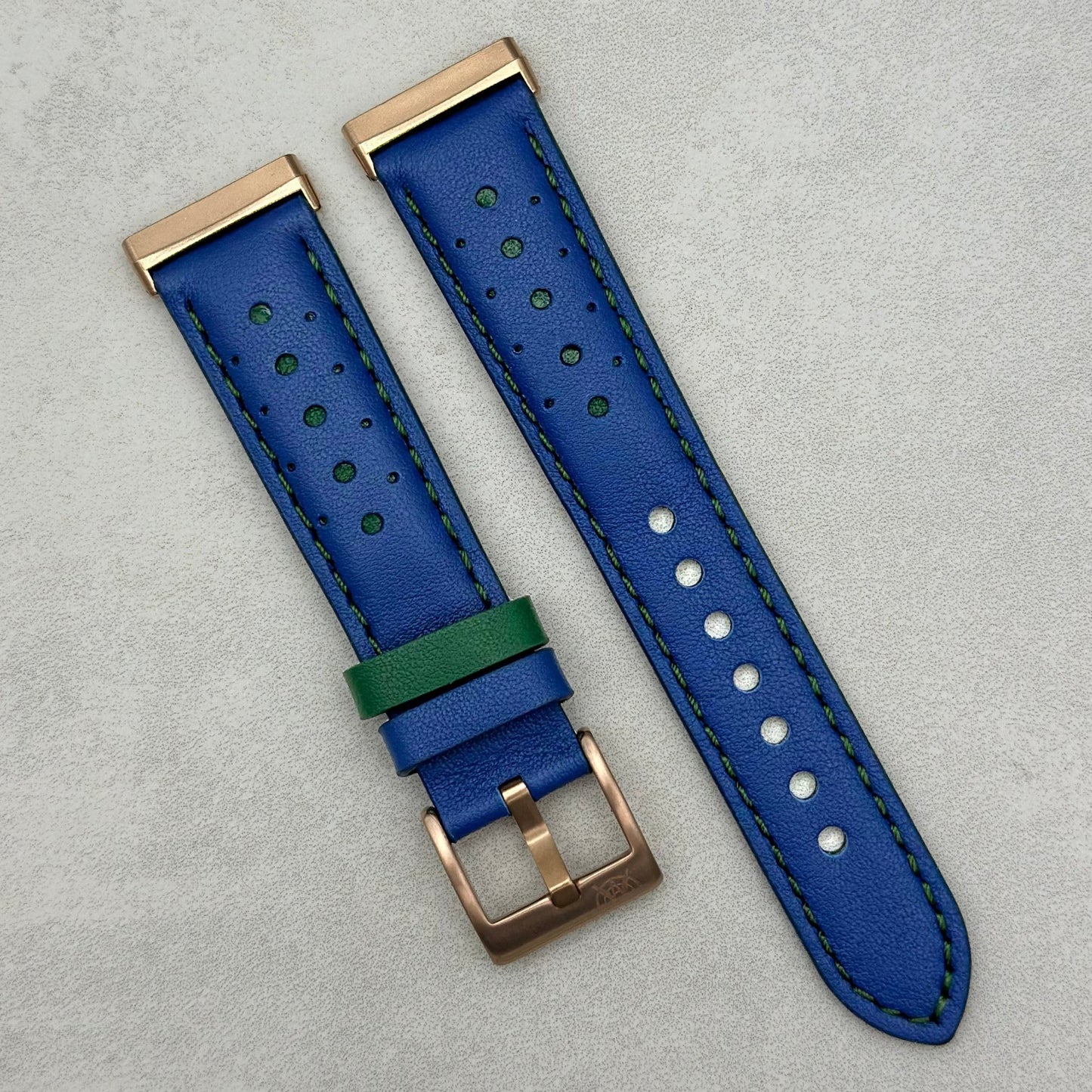 Le Mans: Cobalt Blue And Green Leather Racing Fitbit Versa/Sense Strap