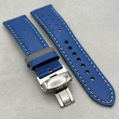 Le Mans Blue and Grey leather Apple Watch strap with polished butterfly clasp. Apple Watch Series 3 4 5 6 7 8 9 10, SE Ultra