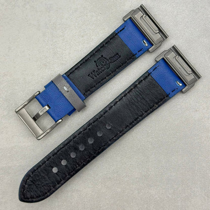 Le Mans: Cobalt Blue and Grey Leather Padded Racing Garmin QuickFit Watch Strap