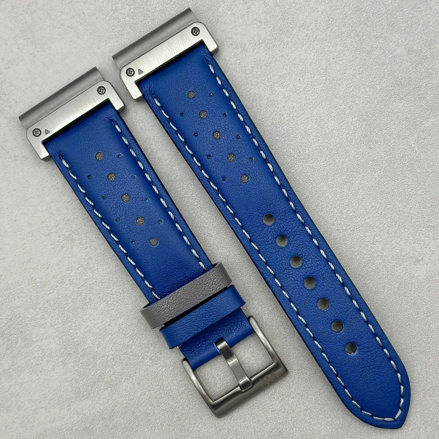 Le Mans: Cobalt Blue and Grey Leather Padded Racing Garmin QuickFit Watch Strap