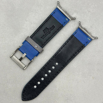 Le Mans: Cobalt Blue and Grey Leather Padded Racing Samsung Galaxy Watch Ultra Strap