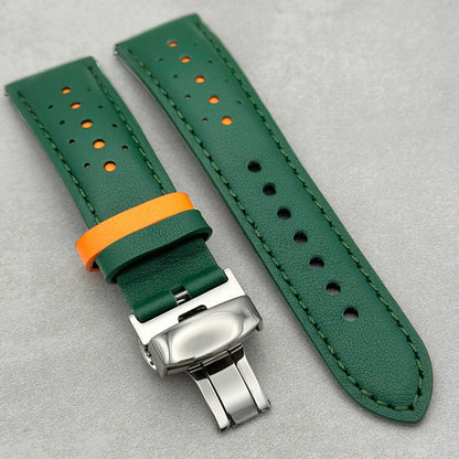 Le Mans: Forest Green and Orange Leather Padded Racing Watch Strap