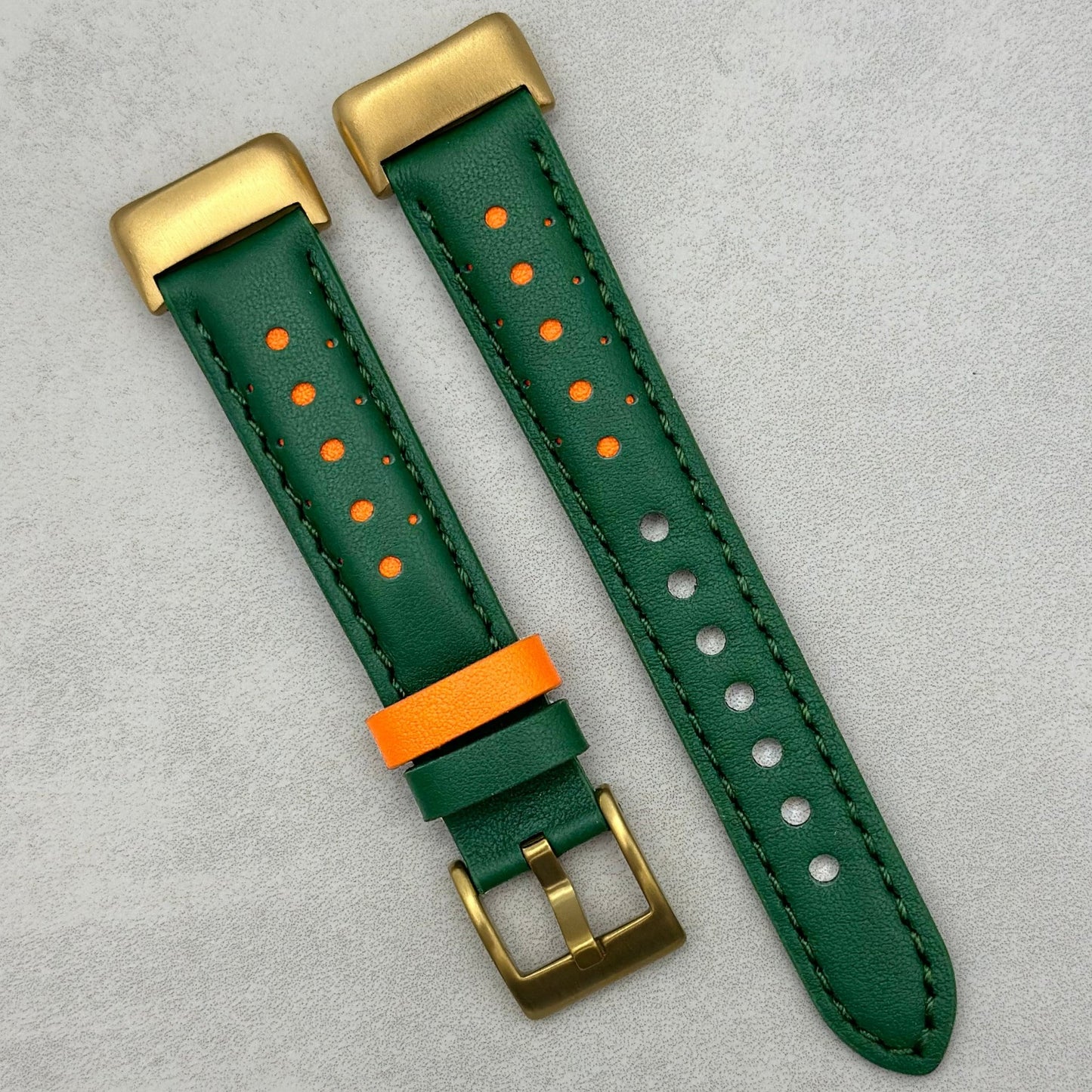 Le Mans: Forest Green And Orange Leather Racing Fitbit Charge Strap