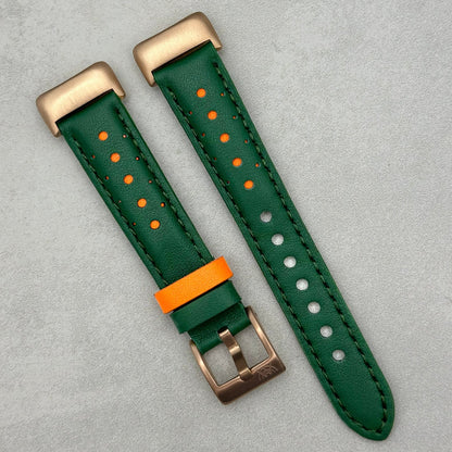 Le Mans: Forest Green And Orange Leather Racing Fitbit Charge Strap