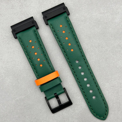 Le Mans: Forest Green and Orange Leather Padded Racing Garmin QuickFit Watch Strap