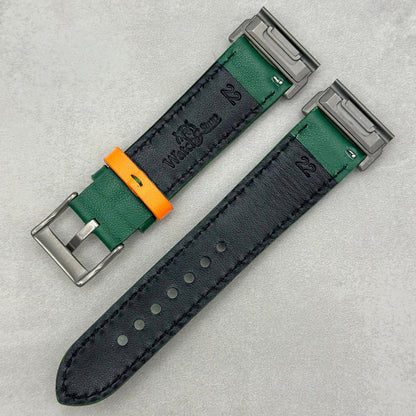 Le Mans: Forest Green and Orange Leather Padded Racing Garmin QuickFit Watch Strap