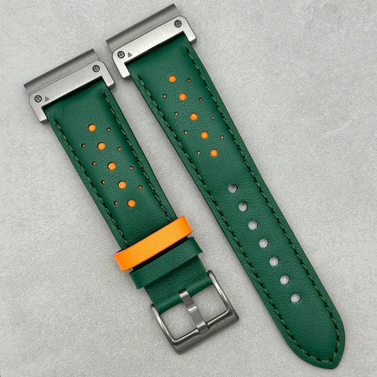 Le Mans: Forest Green and Orange Leather Padded Racing Garmin QuickFit Watch Strap