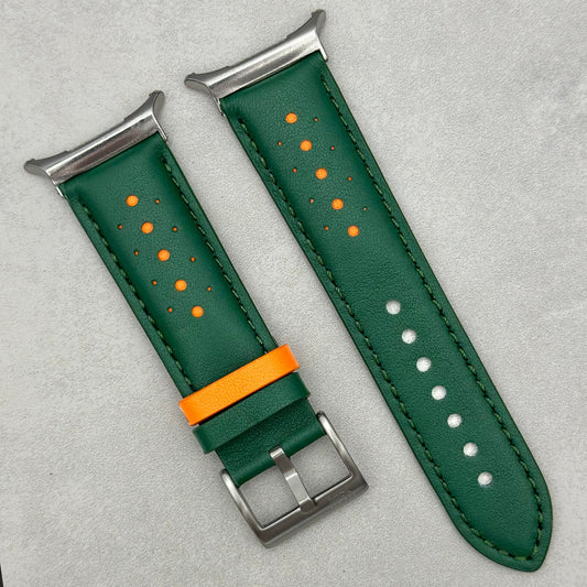 Le Mans: Forest Green and Orange Leather Padded Racing Samsung Galaxy Watch Ultra Strap