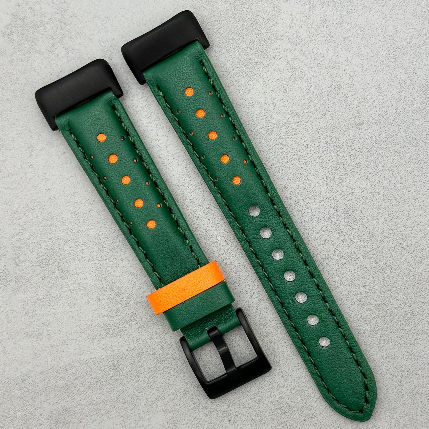 Le Mans: Forest Green And Orange Leather Racing Fitbit Charge Strap