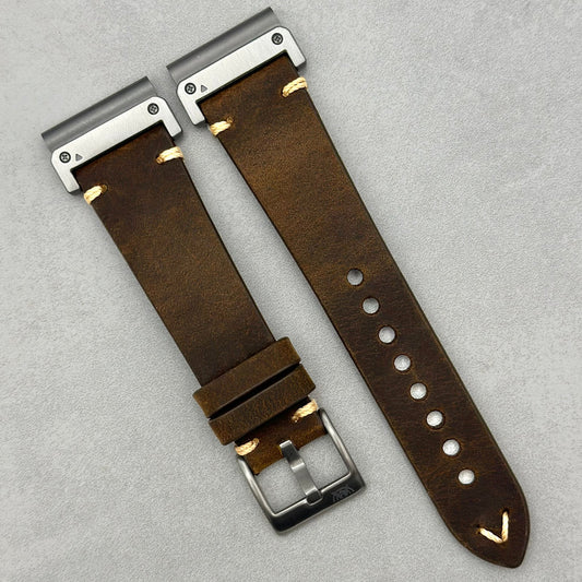 The Madrid: Chocolate Brown Vintage Full Grain Leather Garmin QuickFit Watch Strap