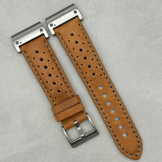 The Monte Carlo: Vintage Tan Perforated Leather Rally Garmin Quickfit Watch Strap