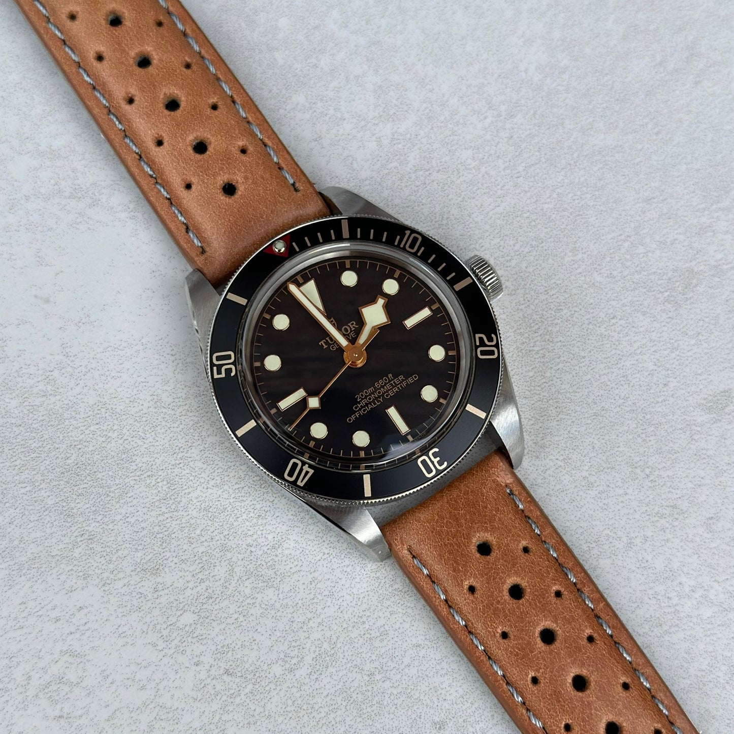 Montecarlo tan full grain leather watch strap with contrast grey stitching. On Tudor Blackbay 58. Watch And Strap.