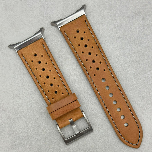 The Monte Carlo: Vintage Tan Perforated Leather Rally Samsung Galaxy Watch Ultra Strap