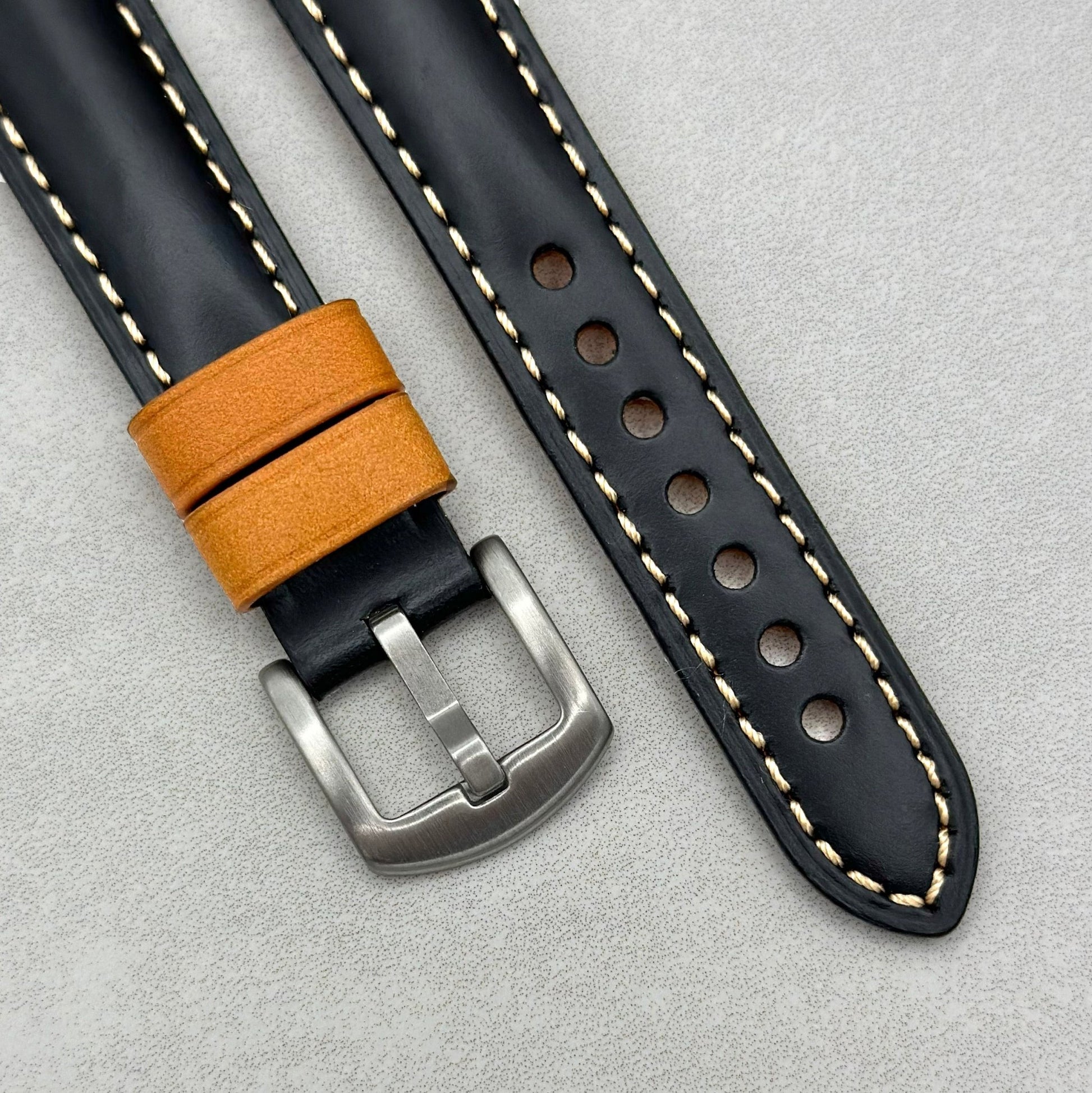 Brushed 316L stainless steel buckle on the Oxford jet black full grain leather Fitbit Charge watch strap.