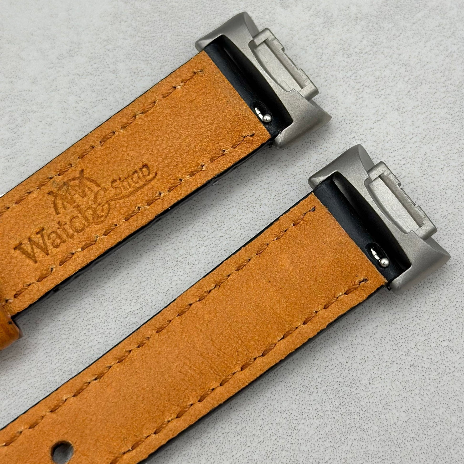 Rear top of the Oxford black full grain leather Fitbit Charge watch strap. Watch And Strap