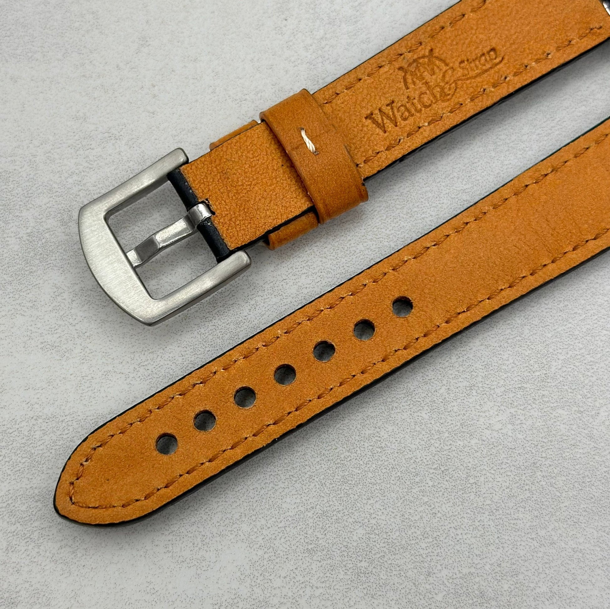 Rear buckle of the Oxford black full grain leather Fitbit Charge watch strap. Watch And Strap