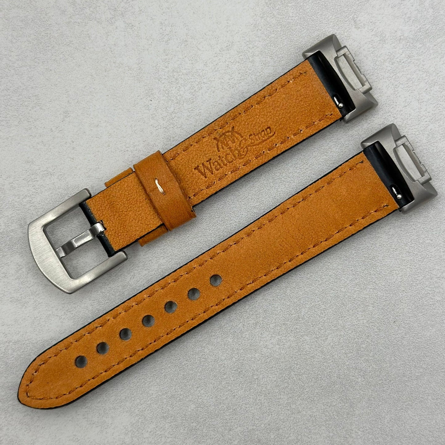 Rear of the Oxford black full grain leather Fitbit Charge watch strap. Watch And Strap