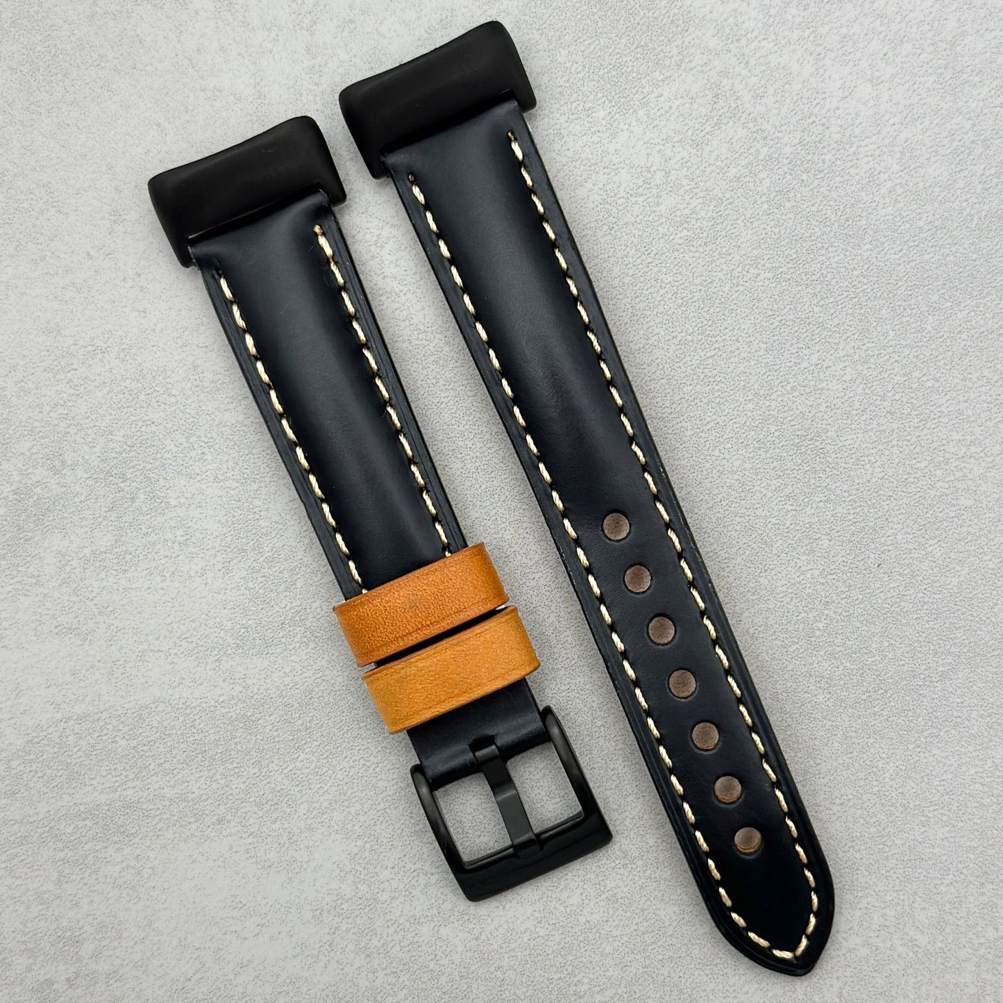 Oxford jet black calf skin Fitbit Charge watch strap. Fitbit Charge 1, 2, 3, 4, 5, 6. Full Grain Leather. Watch And Strap.