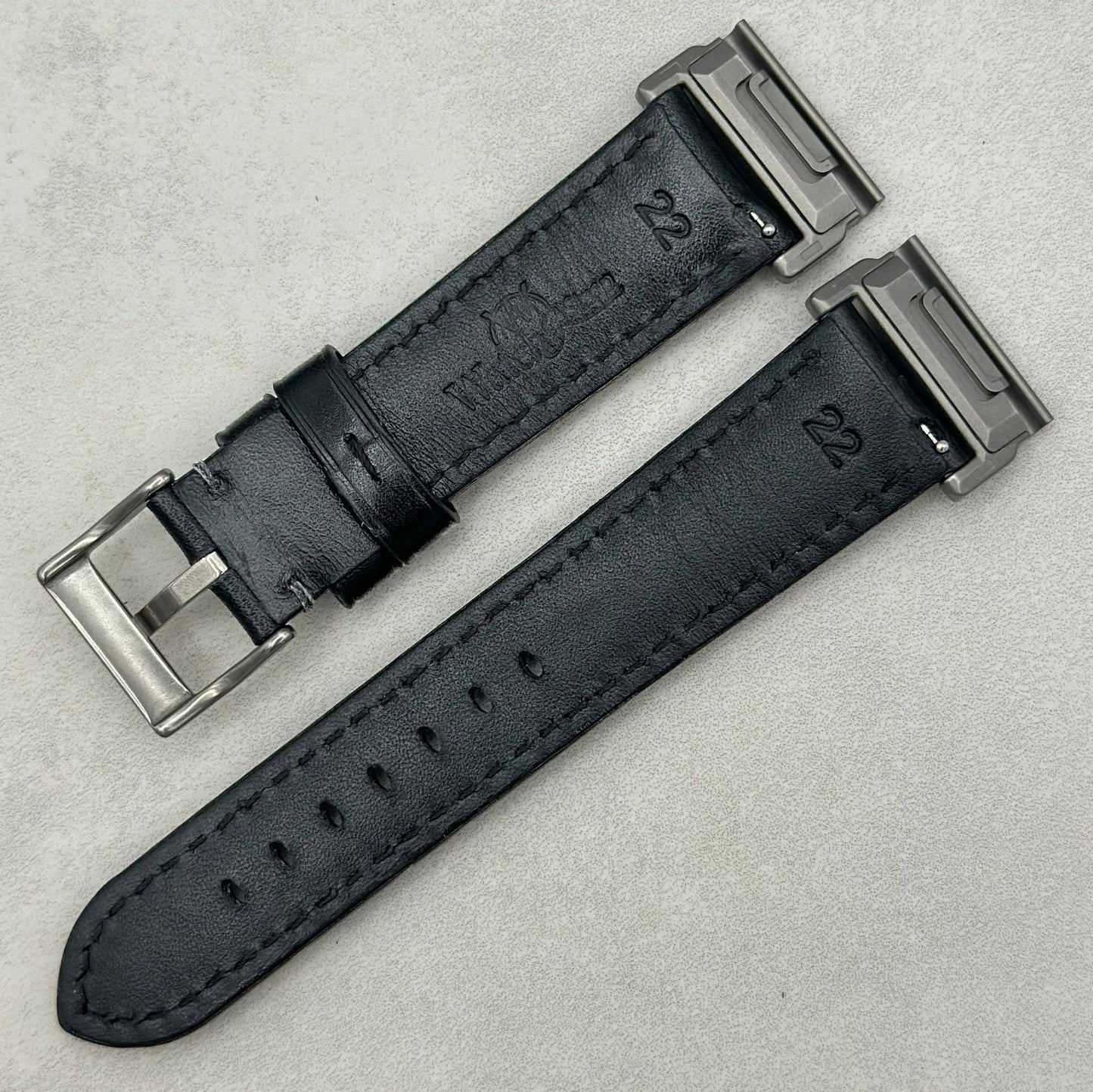 The Prague: Jet Black Vegetable Tanned Full Grain Leather Garmin QuickFit Watch Strap