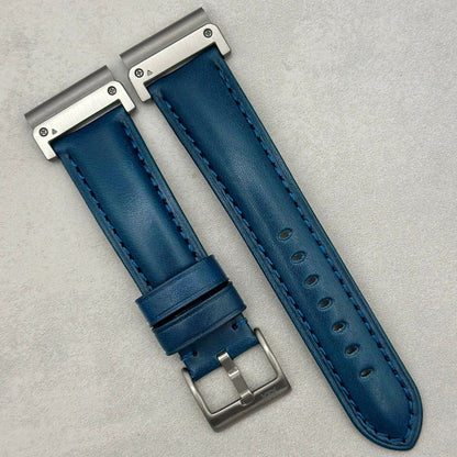 The Prague: Marine Blue Vegetable Tanned Full Grain Leather Garmin QuickFit Watch Strap