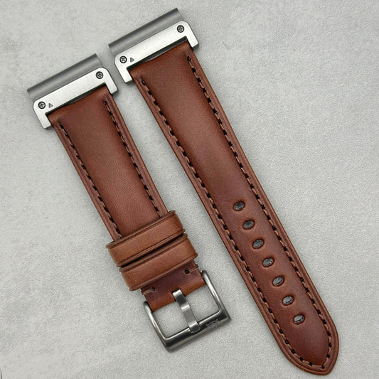 The Prague: Chestnut Brown Vegetable Tanned Full Grain Leather Garmin QuickFit Watch Strap