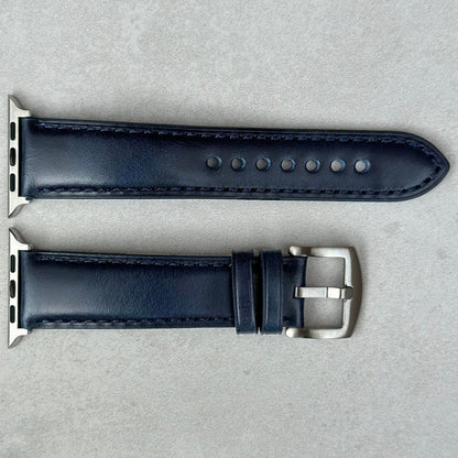 The Athens Deep Ocean Blue Leather Apple Watch Strap. Full Grain Leather, 316L stainless steel connectors.