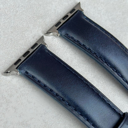 Top of the Athens Deep Ocean Blue Full Grain Leather Apple Watch Strap. Padded leather apple watch strap.