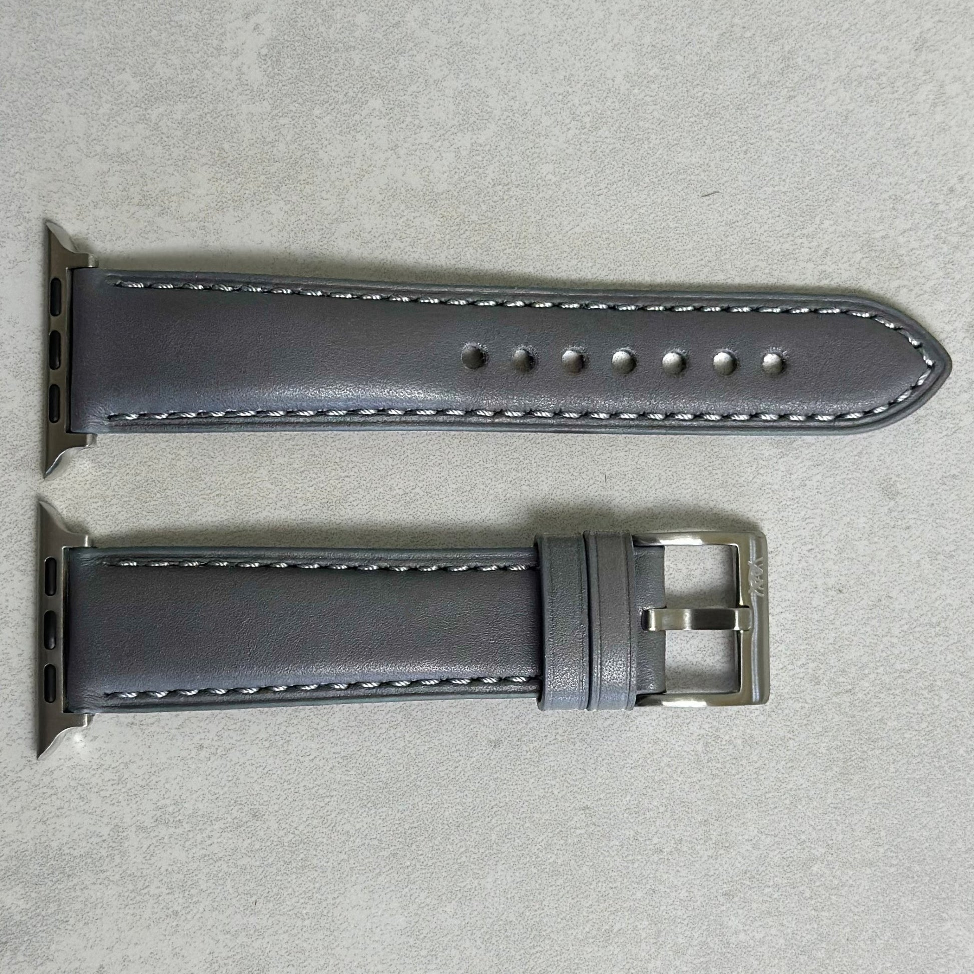 Athens grey full grain leather Apple Watch strap. Series 3, 4, 5, 6, 7, 8, 9, SE and Ultra. Watch And Strap