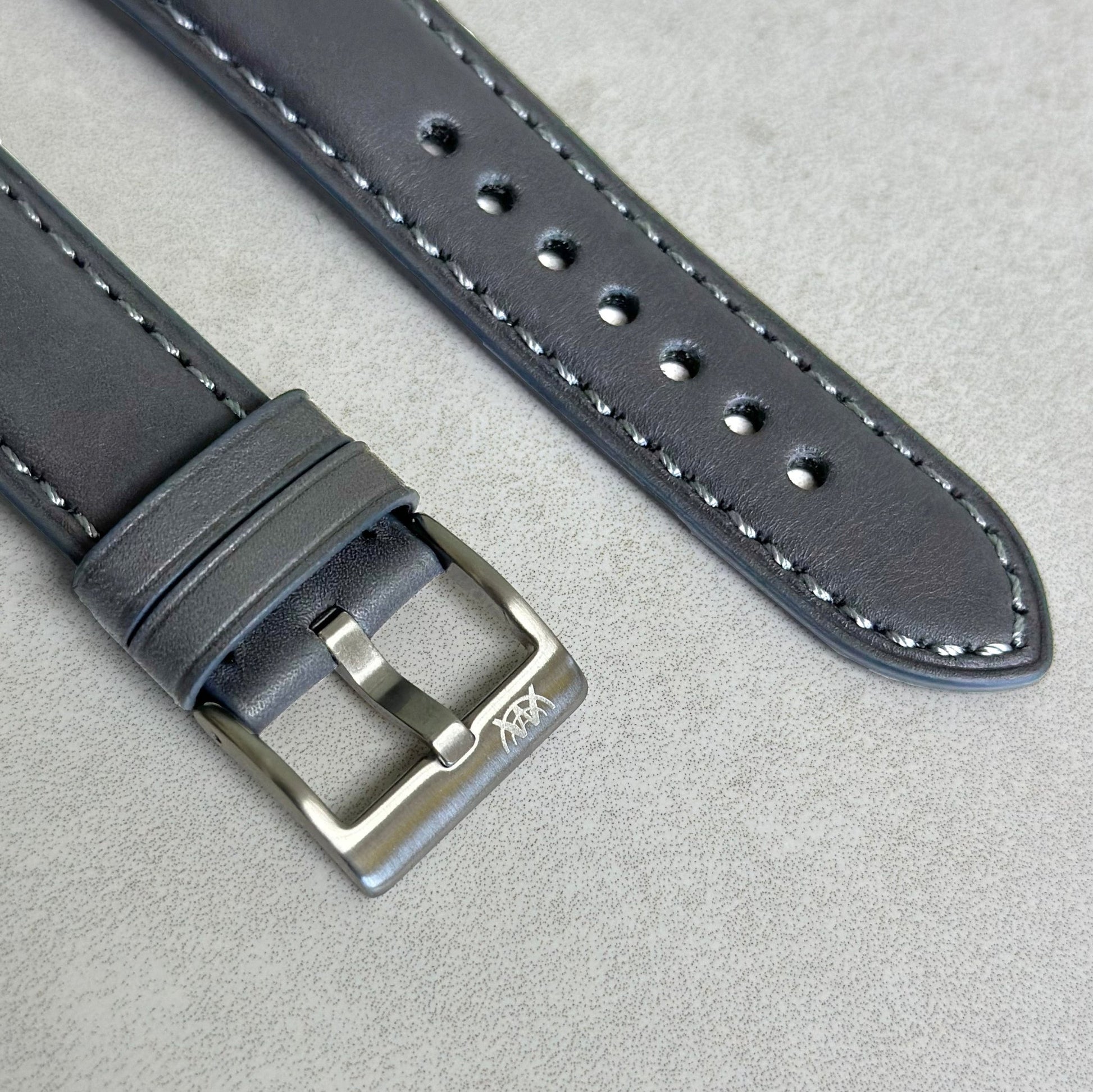 Brushed 316L stainless steel buckle on the Athens grey full grain leather watch strap. Watch And Strap