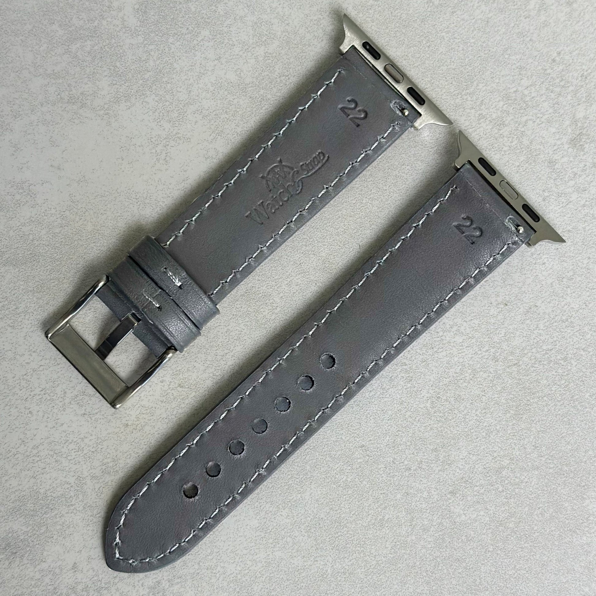Rear of the Athens grey Apple Watch strap. Series 3, 4, 5, 6, 7, 8, 9, SE and Ultra. Watch And Strap.