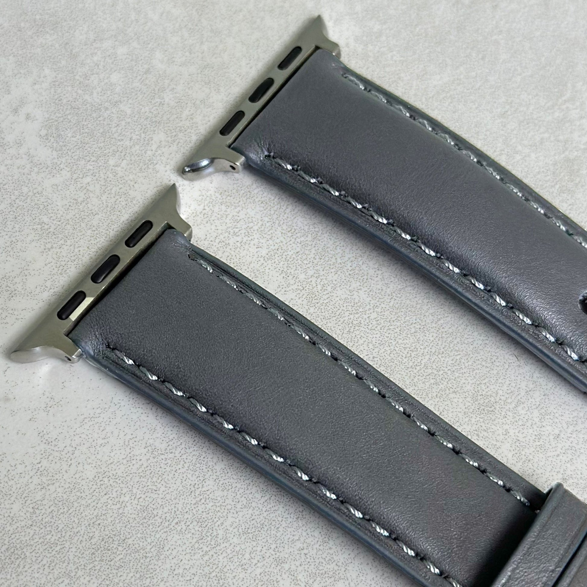 Top of the Athens grey full grain leather Apple Watch strap. Padded leather watch strap. Watch And Strap.