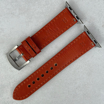 Rear of the Athens Burnt Cinnamon full grain leather Apple watch strap. Watch And Strap logo. Brushed 316L stainless steel.