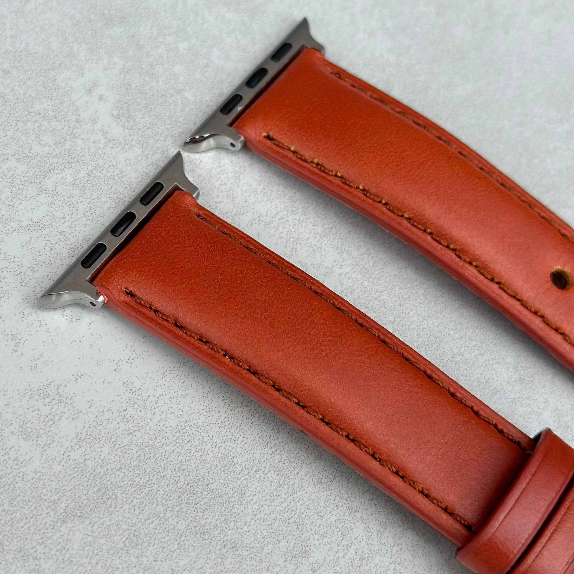 Top of the Athens Burnt Cinnamon Apple watch strap. Padded leather Apple watch strap.